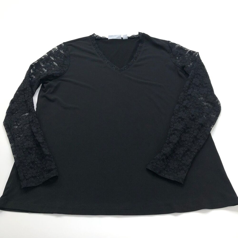Susan Graver Large Womens Long Sleeve Lace Sheer Pullover Top Blouse